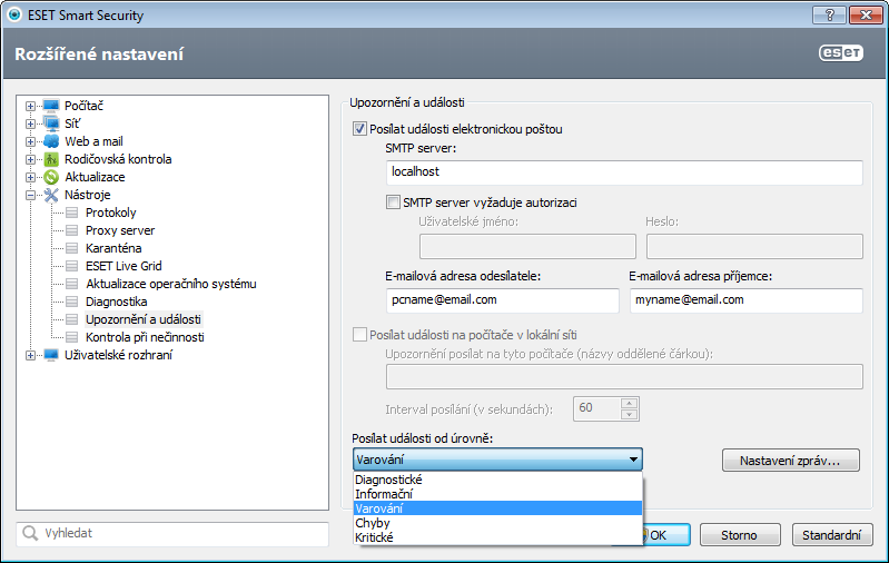 4.6.11 Upozornění a události ESET Smart Security podporuje posílání událostí emailem s vybranou úrovní.