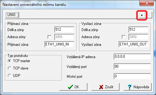 mací zóny 512 bytů, délku vysílací zóny 512 bytů, typ protokolu TCP master, vzdálená IP adresa 0.0.0.0, vzdálený port 80, místní port 0.