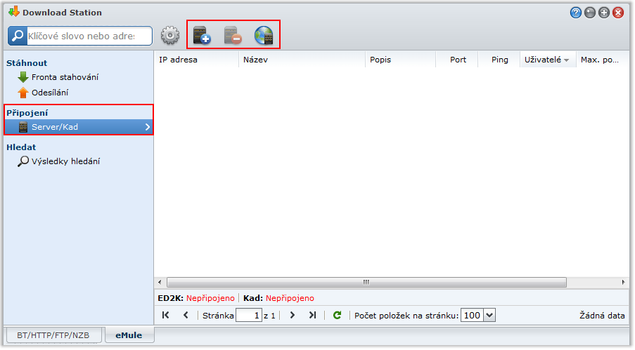 Uživatelská příručka Synology DiskStation Připojení k serveru ED2K/Kad Nastavte server a síť Kad klepnutím na položku Server/Kad v levém panelu. Server ED2K obsahuje informace o zdrojích v síti ED2K.