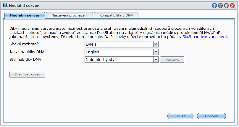 Kapitola Správa mediálního serveru a služby Kapitola 17: itunes 17 Stanice Synology DiskStation může být multimediálním serverem v místní síti a umožňovat počítačům (s aplikací Windows Media Player