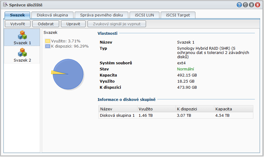 Uživatelská příručka Synology DiskStation Správa svazků nebo skupin disků pomocí Správce úložiště Chcete-li vytvořit, nastavit nebo spravovat svazky nebo skupinu disků ve stanici DiskStation,