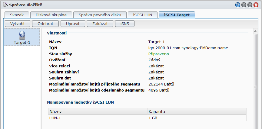 Uživatelská příručka Synology DiskStation Správa cíle iscsi Target pomocí Správce úložiště Chcete-li spravovat cíle iscsi Target na zařízení Synology DiskStation, přejděte do části Hlavní nabídka >