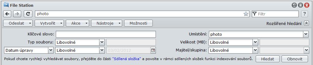 Hledání souborů nebo složek Uživatelská příručka Synology DiskStation Můžete filtrovat soubory nebo složky v aktuální složce. Můžete také využít pokročilé hledání k získání přesnějších výsledků.