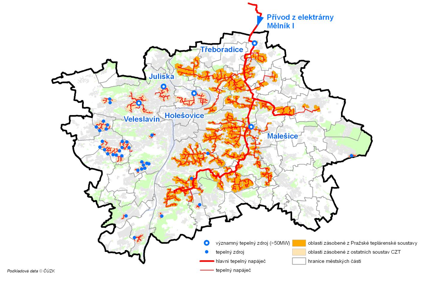 2.13.4 ZÁSOBOVÁNÍ TEPLEM Centralizované zásobování teplem Systém centralizovaného zásobování teplem tvoří na pravém břehu Vltavy propojená Praţská teplárenská soustava CZT (PTS).