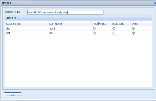 Poté zadejte Initiator iqn (Iqn iniciátora) a nastavte přístupová oprávnění cílového svazku iscsi výběrem ze seznamu; poté potvrďte klepnutím na OK.