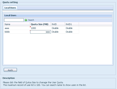Uživatelská kvóta Přístroj Thecus IP podporuje místní uţivatele nebo AD uţivatele s omezením kvótou na libovolném svazku RAID v systému. Stačí funkci povolit klepnutím na Povolit a poté ji aplikovat.