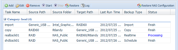 Jako příklad je uvedeno zálohování iscsi to Folder (iscsi do sloţky) ze stávajícího svazku iscsi iscsi_iscsiv502 do sloţky svazku RAID andy_local.