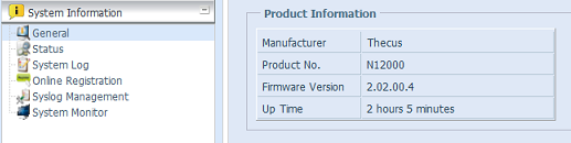 Systémové informace Informace včetně popisu aktuálního produktu, stavu systému, stavu sluţeb a protokolů. Pruh nabídky umoţňuje zobrazení různých rysů Thecus IP.