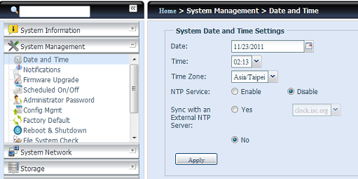 Správa systému Nabídka System Management (Sprá va systé mu) nabízí spoustu nastavení správcovských funkcí Thecus IP. Můţete nastavit systémový čas, systémová upozornění a také upgradovat firmware.