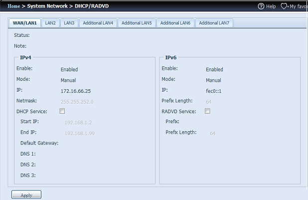 Konfigurace serveru DHCP/RADVD Lze konfigurovat server DHCP/RADVD přidělující IP adresy (IPv4) nebo prefixy (IPv6) zařízením připojeným k příslušnému portu NIC.