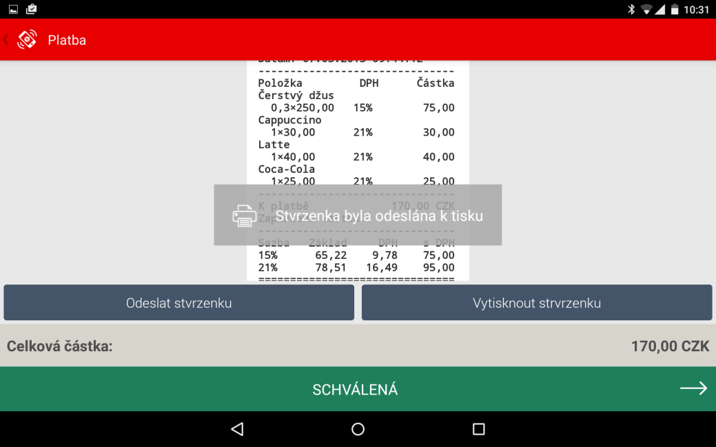 ÚČTENKA Po dokončení transakce se zobrazí účtenka. Obchodník má možnost účtenku vytisknout nebo poslat e-mailem.