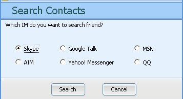KROK 3: Zvolte program IM, do kterého chcete přidat nový kontakt, a klepněte na tlačítko pro přidávání. KROK 4: Software se spojí s tímto programem IM a zobrazí se okno pro přidání/vyhledání kontaktu.