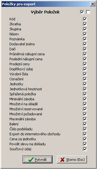 Dodatek k uživatelské příručce Objeví se tabulka pro nastavení parametrů exportu: Výchozí typ exportu je formát XML.