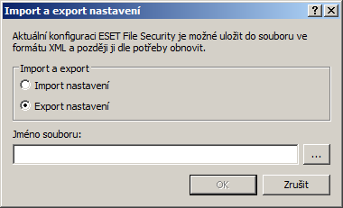 never - Do not restart ask - Ask before restart auto - Restart automatically 4.11 Import a Export nastavení Import a export nastavení ESET File Security je přístupný v části Nastavení.