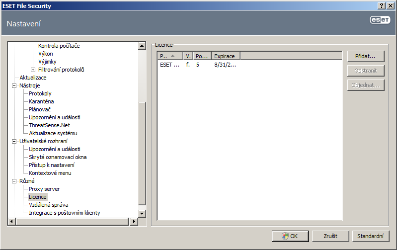 4.14 Licence Položka Licence vám umožňuje správu licenčních klíčů for ESET File Security a také pro některé ostatní produkty firmy ESET, spol s.r.o jako např. ESET Mail Security.