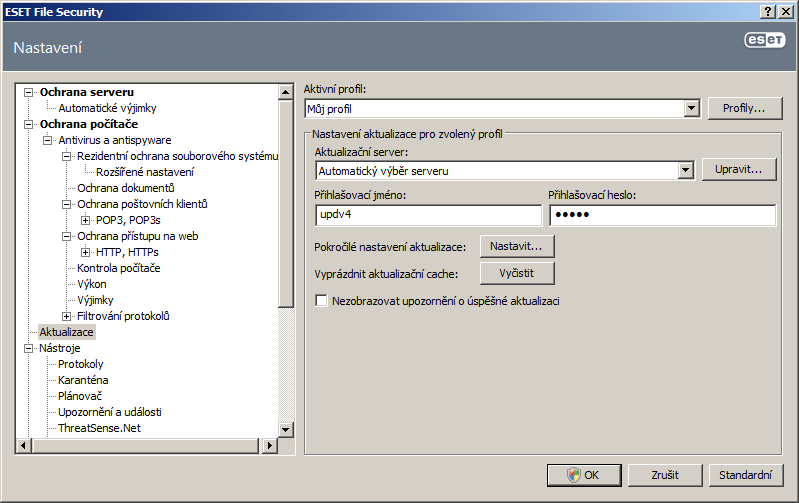 4.3.1 Nastavení aktualizace Nastavení aktualizace se skládá z určení zdroje aktualizace, tj. z nastavení aktualizačních serverů a autorizace vůči těmto serverům.