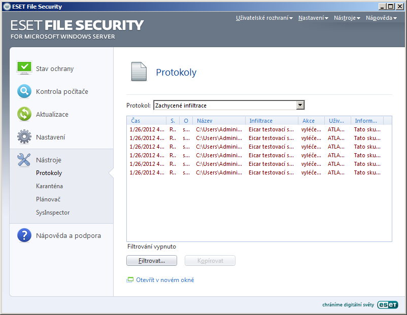 4.6 Protokoly Protokoly jsou logovacím nástrojem, který zaznamenává všechny podstatné události v aplikaci ESET File Security.