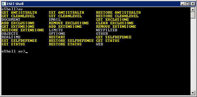 informáciu ako je určitá funkcionalita ESET File Security nakonfigurovaná, alebo ukáže stav (napríklad GET AV STATUS ukáže momentálny stav ochrany).