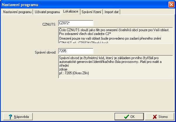 5.3 Karta Lokalizace Zadáním vhodného kódu do položky CZNUTS omezíte rozsah zobrazení číselníku katastrů (bližší informace naleznete v kapitole Číselník katastrů).
