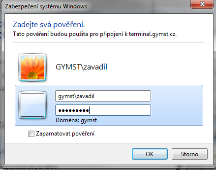 Vybereme si volbu Použít jiný účet, vyplníme Uživatelské jméno: gymst\a vaše uživatelské jméno, do pole Heslo vyplníte Vaše heslo do školní sítě (viz. obr.