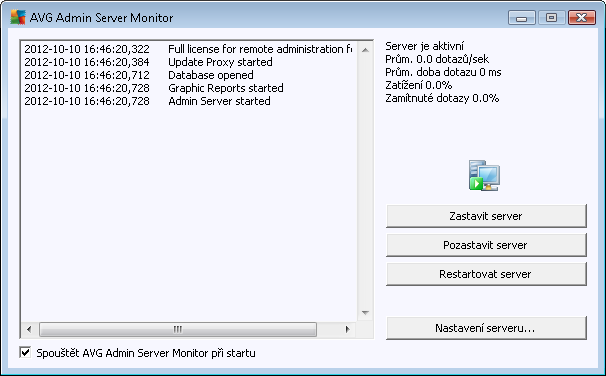 Dialog AVG Admin Server Monitor obsahuje následující ovládací tlačítka: Zastavit server umožní ukončit činnost AVG Admin Serveru.