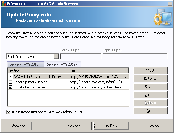 V tomto dialogu je možno přidat URL aktuálně nasazovaného AVG Admin Serveru do seznamu aktualizačních serverů aplikovaných do nastavení stanic.