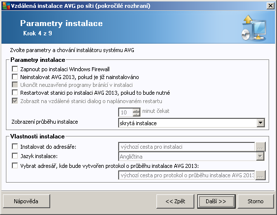V dialogu Parametry instalace lze vybírat z následujících voleb: Zapnout po instalaci Windows Firewall - pokud neinstalujete komponentu AVG Firewall, můžete zaškrtnout toto políčko pro automatické