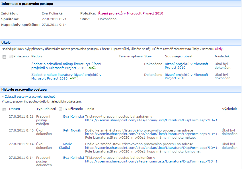 Kapitola 2: SharePoint 110 Historie pracovního postupu Dokončení tohoto úkolu: 1. Zkontrolujte Řízení projektů v Microsoft Project 2010. (odkaz na položku) 2.