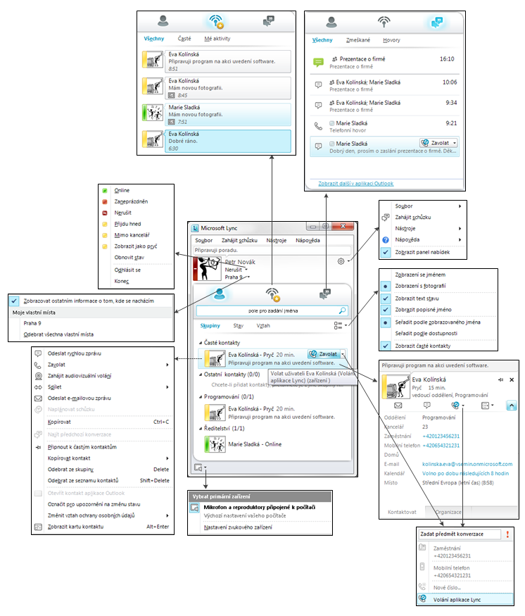 Kapitola 4: Lync 2010 158 OBR. 4-1: ÚVODNÍ OKNO LYNC Stav uživatele ZOBRAZIT POPISNÉ JMÉNO: Místo jména Eva Kolínská lze zobrazit uživatelské jméno kolinska@vsemin.onmicrosoft.com.