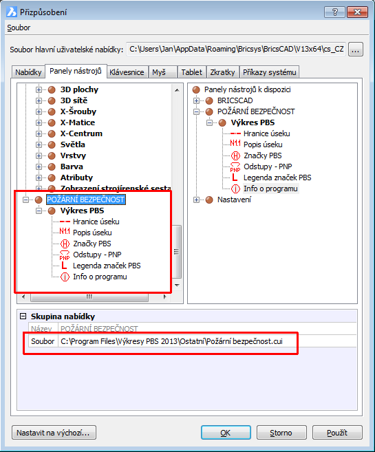 Nastavení načítání Vykresy PBS.des Zkopírujte soubor on_doc_load.lsp v adresáři...\výkresy PBS 2013\Ostatní\ na disk, kde je instalován BricsCAD do adresáře...\bricscad Vxxx\Support.