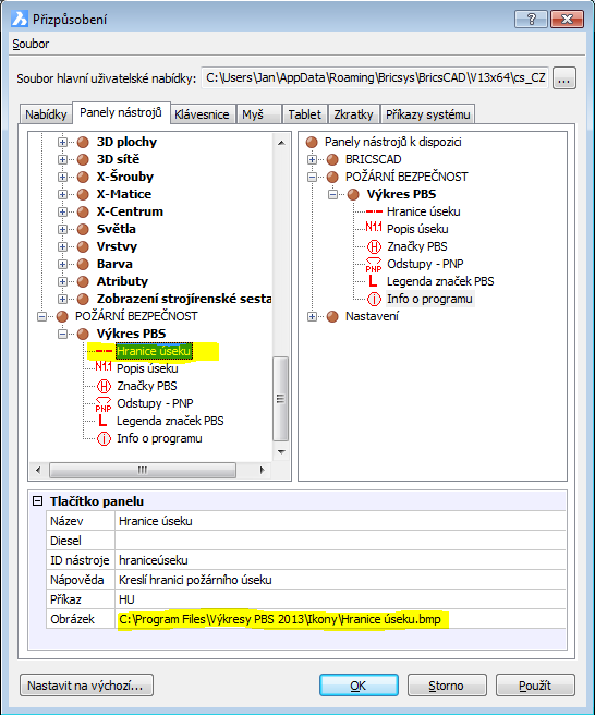 Pokud instalujete program do jiného adresáře než do C:\Program Files\Výkresy PBS 2013, nastavte cestu k bmp souborům jednotlivých ikon (jsou v