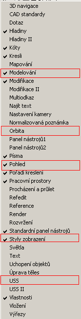 2.7 3D modelování v AutoCADu Mimo již známé panely nástrojů ze 2D kreslení je vhodné mít při 3D modelování nastaveny na ploše následující panely: 1.