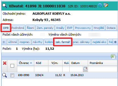 Zákresy farmáře ve stromečku a v mapě (žárovička ve skupině PB/DPB dle stavu) Zákresy farmáře v popisném poli (záložka DPB, podzáložka zák.