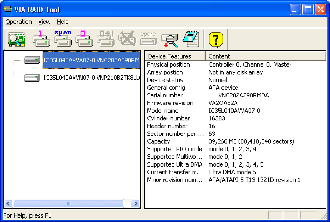 2.4.7 Windows konfigurační utilita Ilustrace 3: VIA RAID Tool pro Windows Konfigurační utilita pro prostředí Windows poskytuje nejen líbivější konfigurátor než je jeho BIOS verze protějšek, ale