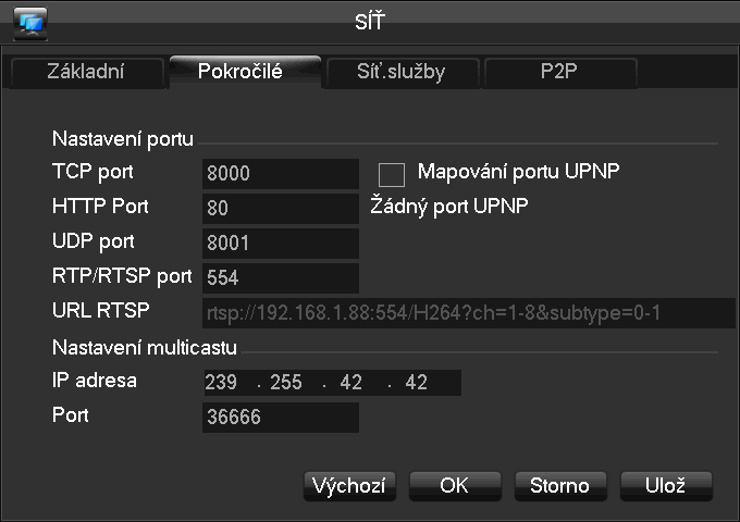 4.6. Síť Nastavení parametrů síťového adaptéru lze provést ve volbě Síť v menu konfigurace. [DHCP] Povolení této volby umožní DVR získat adresu automaticky, pokud je v síti dostupný DHCP server.