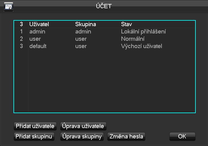 4.9.7. Účet [Přidat uživatele] Přidání uživatele a nastavení jeho oprávnění. Výchozí uživatelé jsou: admin, user a skrytý default. Heslo pro první dva je 123456.