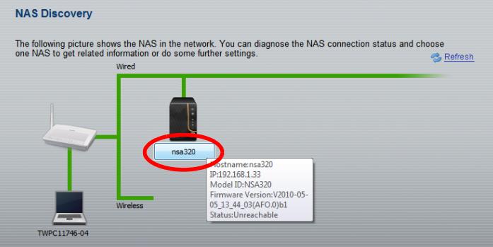 Pokud má váš počítač více než jednu síťovou kartu, bude nyní třeba vybrat tu, která má přístup do sítě s NSA320.
