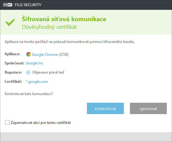 klientech je potřeba přidat kořenový certifikát společnosti ESET do seznamu známých kořenových certifikátů (vydavatelů). Možnost Přidat kořenový certifikát do známých prohlížečů by měla být zapnuta.