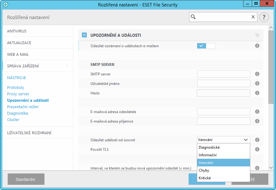 8.2.5.8 Upozornění a události ESET File Security dokáže odesílat e-maily při výskytu události s nastavenou úrovní důležitosti.