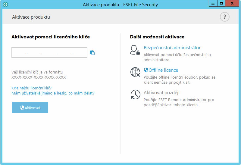 6.2 Aktivace produktu Po dokončení instalace budete vyzváni k aktivaci produktu. Vyberte jednu z dostupných metod pro aktivaci ESET File Security.