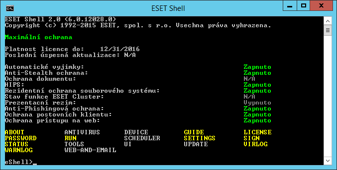 Pro spuštění eshell v interaktivním režimu můžete použít jeden z následujících postupů: Klikněte na Start > Všechny programy > ESET > ESET File Security > ESET shell, V příkazovém řádku zadejte