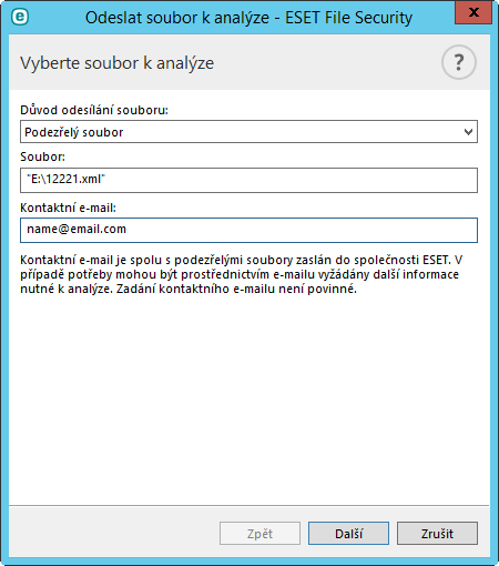 7.7.11 Odesílání souborů k analýze Existuje možnost zaslání podezřelého souboru k analýze do společnosti ESET. Formulář k této akci naleznete na záložce Nástroje > Odeslat soubor k analýze.