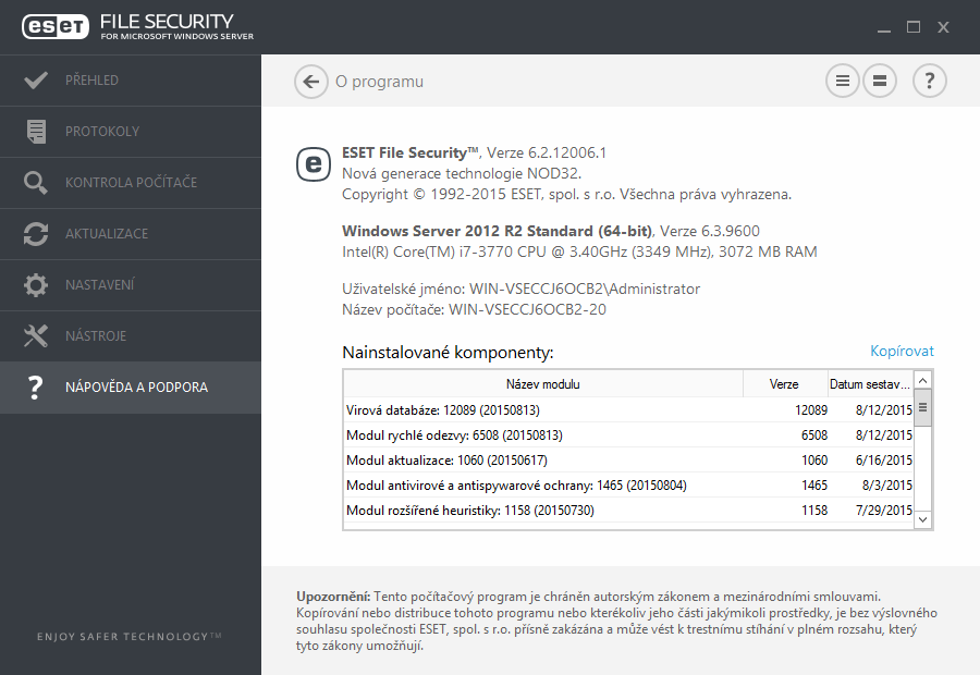 7.8.4 O programu ESET File Security V tomto okně naleznete informace o programu ESET File Security, informace o operačním systému, systémových prostředcích, licenční informace a seznam