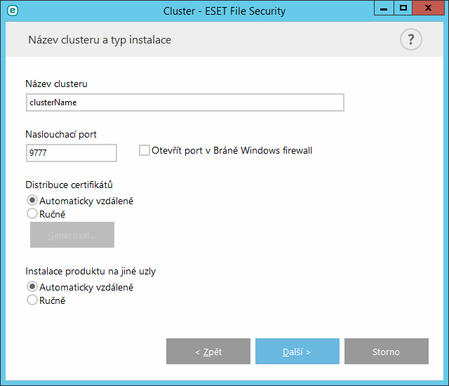 8.1.2.2 Průvodce clusterem vytvoření clusteru Zadejte název clusteru, vyberte způsob distribuce certifikátu a rozhodněte se, jakým způsobem chcete uzly instalovat produkt ESET.