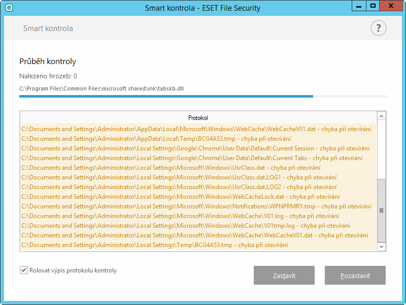8.2.1.4.2 Průběh kontroly Okno průběhu kontroly zobrazuje aktuální stav kontroly a počet souborů, které obsahují škodlivý kód.