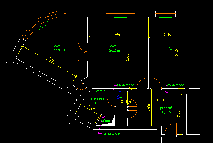 Internal spaces, walls and rooms.