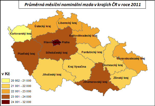 Diferenciace extrémních mzdových hladin na úrovni krajů se snížila o 325 Kč na 10 157 Kč (Hl. m. Praha x Karlovarský kraj).