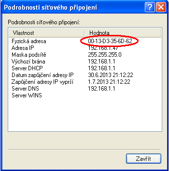 Obr. 15 Ukázka MAC adresy [autor] 2.6.4.3 IP adresa IP adresa je jednoznačná adresa počítače nebo jiného síťového zařízení nejenom v rámci LAN sítě, ale i Internetu.