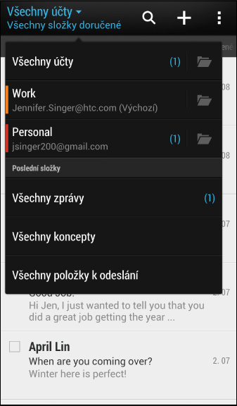 118 E-mail Pošta Kontrola pošty Aplikace Pošta slouží ke čtení, odesílání a organizování e-mailových zpráv z jednoho nebo více e-mailových účtů, které jste si v telefonu HTC Desire 300 nastavili. 1.