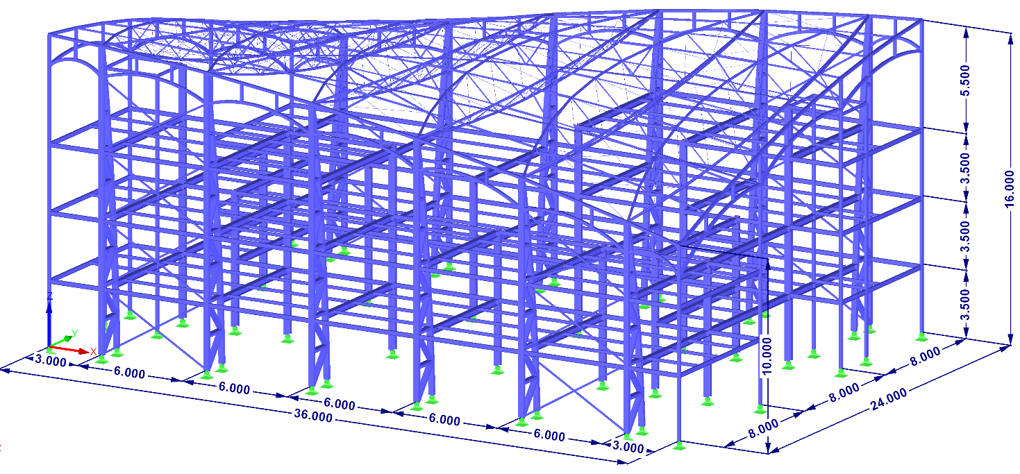 2 Výpočtový model VYSOKÉ UČENÍ TECHNICKÉ V BRNĚ Statický model budovy byl vytvořen v programu RFEM na základě předchozího protorového návrhu geometrie.